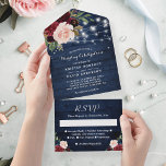 Rustic Blue Burgundy Floral String Lights Wedding All In One Uitnodiging<br><div class="desc">Druk uw gasten met deze verbluffende Rustic Blue Burgundy Floral String Lights die in één uitnodiging iedereen binden. Deze uitnodiging bevat een prachtig bijtend design met een blauw en ondoordringbaar bloempatroon en snaarlichten. De afneembare kaart RSVP maakt het voor gasten gemakkelijk om aan uw uitnodiging te antwoorden, terwijl het all-in-one...</div>