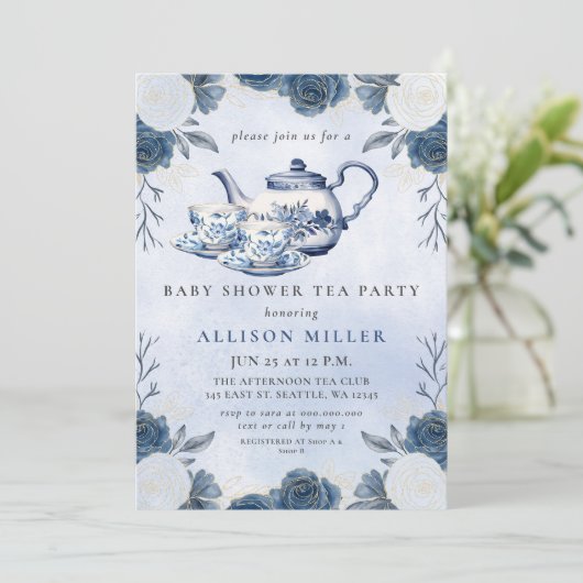 Rustic Blue Chinoiserie Tea Party Baby shower Kaart (Staand voorkant)