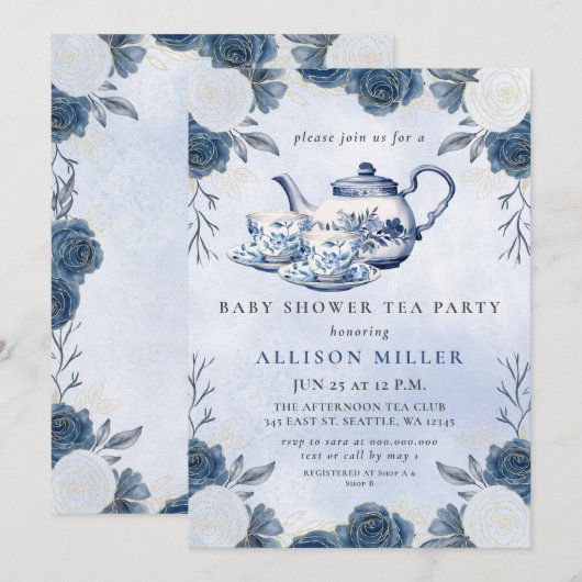Rustic Blue Chinoiserie Tea Party Baby shower Kaart (Voorkant / Achterkant)