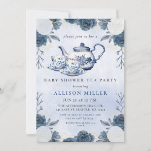 Rustic Blue Chinoiserie Tea Party Baby shower Kaart