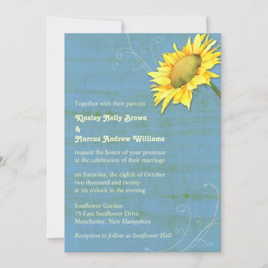 Rustic Blue Country Sunflower Wedding Kaart (Voorkant)