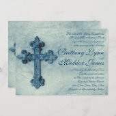 Rustic Blue Cross Distress Wedding Invitations Kaart (Voorkant / Achterkant)