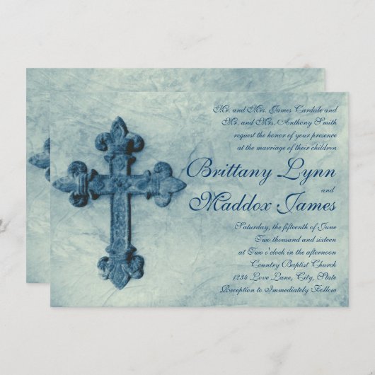 Rustic Blue Cross Distress Wedding Invitations Kaart (Voorkant / Achterkant)