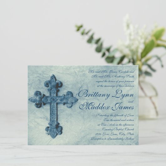 Rustic Blue Cross Distress Wedding Invitations Kaart (Staand voorkant)
