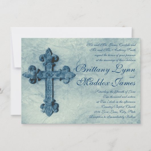 Rustic Blue Cross Distress Wedding Invitations Kaart (Voorkant)