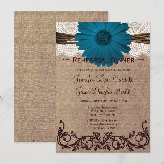 Rustic Blue Daisy Rehearsal Dinner Invitations Kaart (Voorkant / Achterkant)