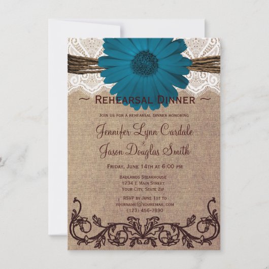 Rustic Blue Daisy Rehearsal Dinner Invitations Kaart (Voorkant)
