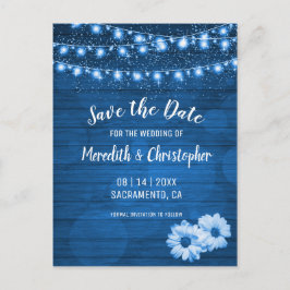 Rustic Blue Daisy String Lights Save the Date Aankondigingskaart