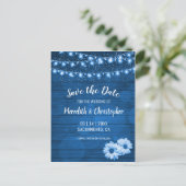 Rustic Blue Daisy String Lights Save the Date Aankondigingskaart (Staand voorkant)