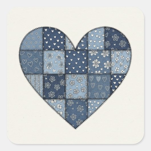 Rustic Blue Denim Patchwork Heart Illustration Vierkante Sticker (Voorkant)