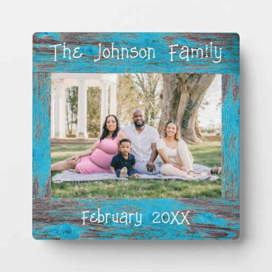 Rustic Blue Distressed Wood Naam Foto Lijst Fotoplaat (Voorkant)