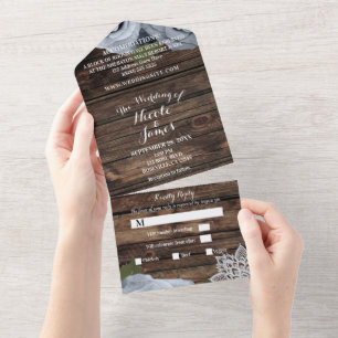 Rustic Blue Dusty Roos Lace Wedding All In One Uitnodiging
