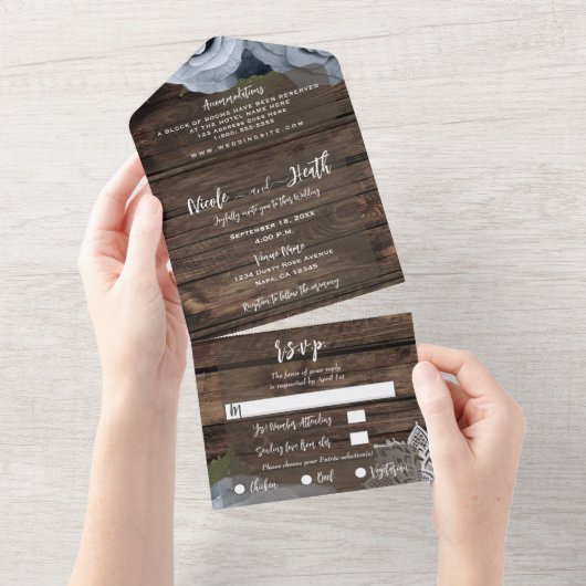 Rustic Blue Dusty Roos Lace Wedding All In One Uitnodiging (Afscheurbaar)