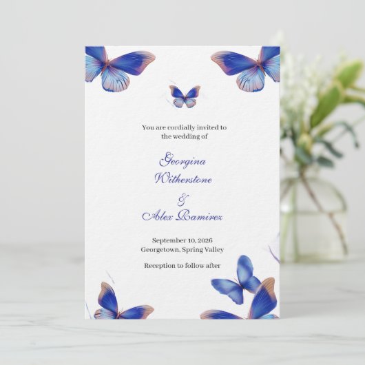 Rustic Blue Editable Photo Wedding Invite Kaart (Staand voorkant)