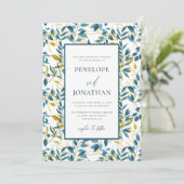 Rustic Blue en Gold Botanical Wedding Photo Kaart (Staand voorkant)