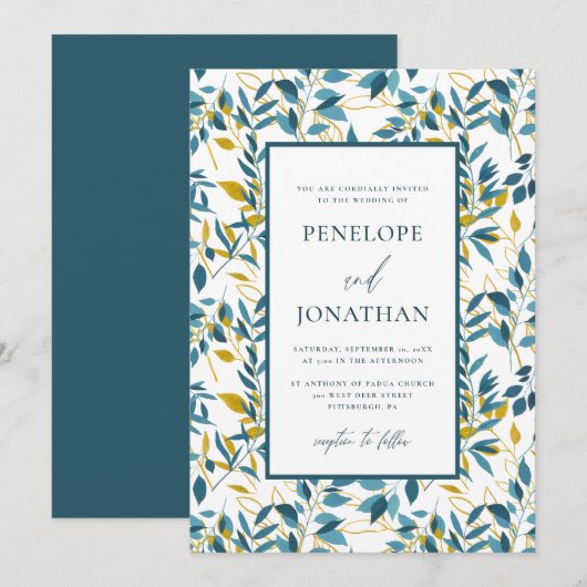 Rustic Blue en Gold Botanical Wedding Photo Kaart (Voorkant / Achterkant)
