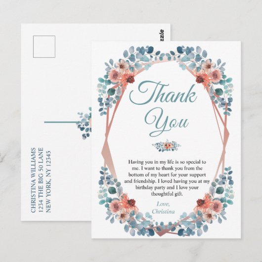 Rustic Blue Floral 50th Birthday Hartelijk dank Briefkaart (Voorkant / Achterkant)