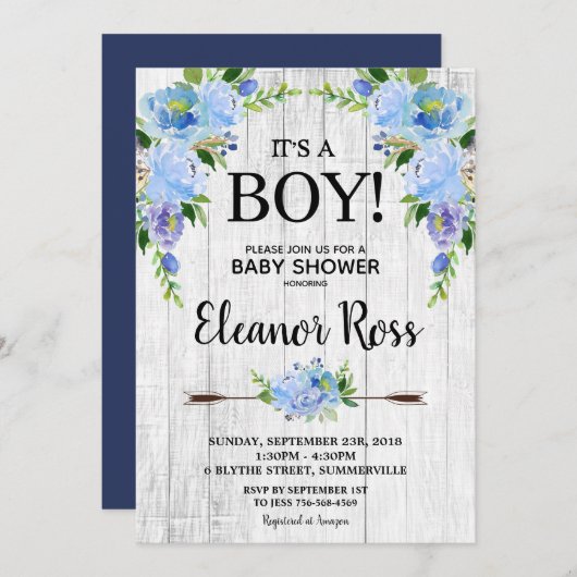 Rustic Blue Floral Baby shower Flowers Boy Kaart (Voorkant / Achterkant)