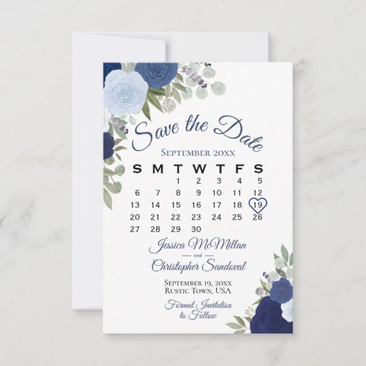 Rustic Blue Floral Elegant Boho Wedding Calendar Save The Date (Voorkant)