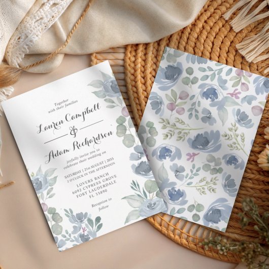 Rustic Blue Floral & Eucalyptus Wedding  Kaart