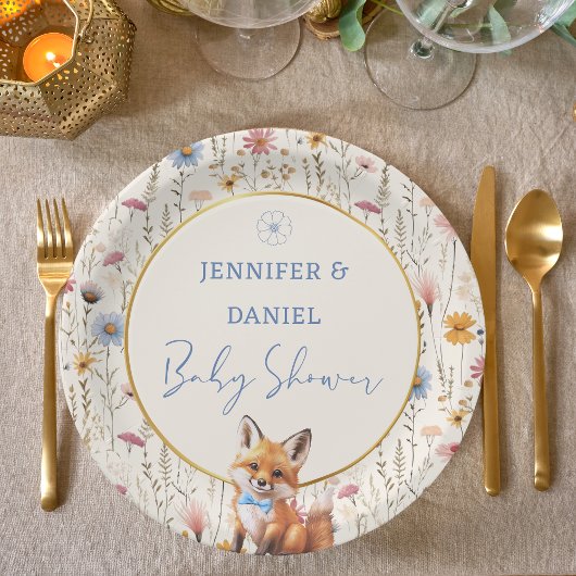 Rustic Blue Floral Fox Baby shower Party Papieren Bordje