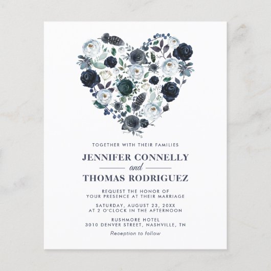 Rustic Blue Floral Heart Budget Weddenschap (Voorkant)