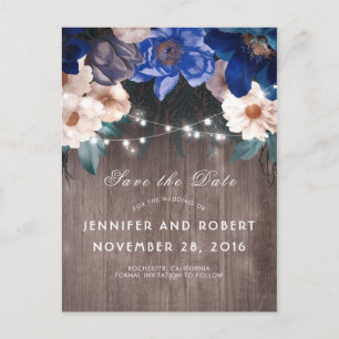Rustic Blue Floral Lights Barn Save the Date Aankondigingskaart