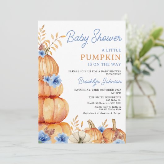 Rustic Blue Floral Little Pumpkin Baby shower Kaart (Staand voorkant)