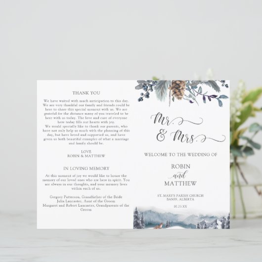 Rustic Blue Floral, Mountains Fox Wedding Programm (Staand voorkant)