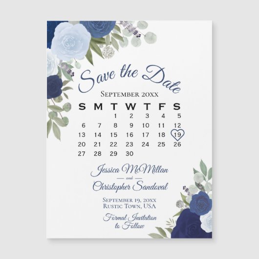 Rustic Blue Floral Save the Date Calendar Magnet (Voorkant)