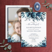 Rustic Blue Floral Script Photo Wedding Kaart
