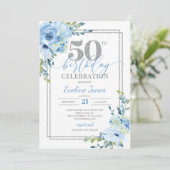 Rustic blue floral Silver lijst 50ste verjaardag Kaart (Staand voorkant)