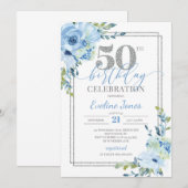 Rustic blue floral Silver lijst 50ste verjaardag Kaart (Voorkant / Achterkant)