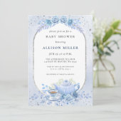 Rustic Blue Floral Tea Party Baby shower Kaart (Staand voorkant)