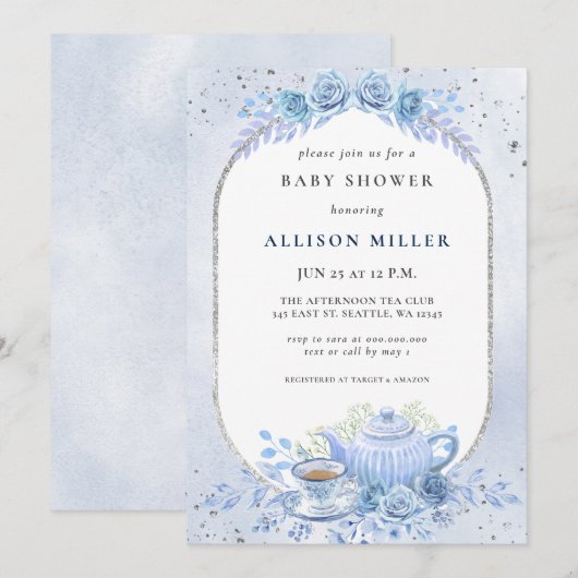 Rustic Blue Floral Tea Party Baby shower Kaart (Voorkant / Achterkant)