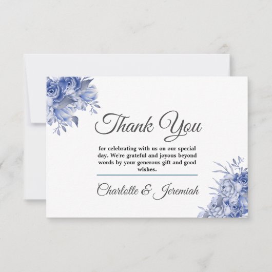 Rustic Blue Floral Waterverf Monogram Weddenschap Bedankkaart (Voorkant)