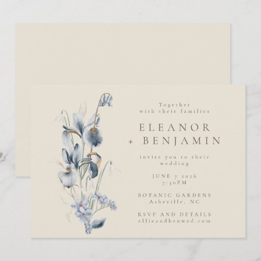  Rustic Blue Floral Wedding All-in-One Kaart (Voorkant / Achterkant)