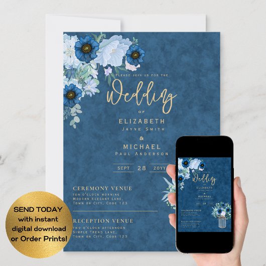 Rustic Blue Floral Wedding Instant Digital Kaart