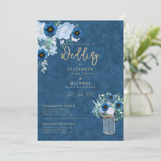 Rustic Blue Floral Wedding Instant Digital Kaart (Staand voorkant)