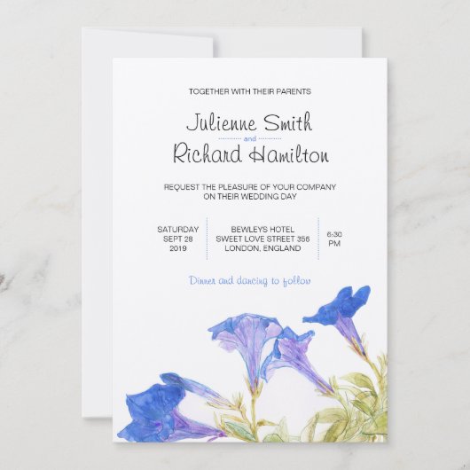 Rustic Blue Floral Wedding Invitations Kaart (Voorkant)