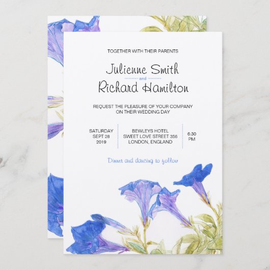 Rustic Blue Floral Wedding Invitations Kaart (Voorkant / Achterkant)