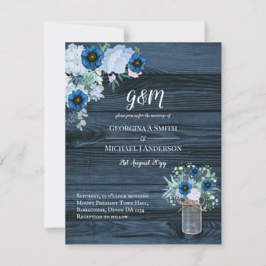 Rustic Blue Floral Wedding Invitations Mason Jar Kaart (Voorkant)