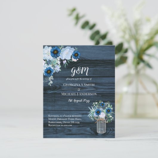 Rustic Blue Floral Wedding Invitations Mason Jar Kaart (Staand voorkant)
