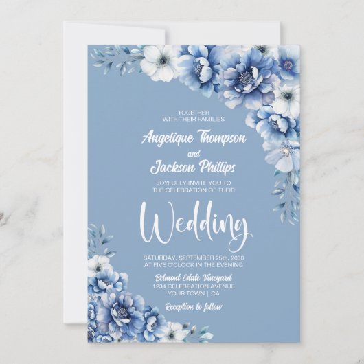 Rustic Blue Floral Wedding Kaart (Voorkant)