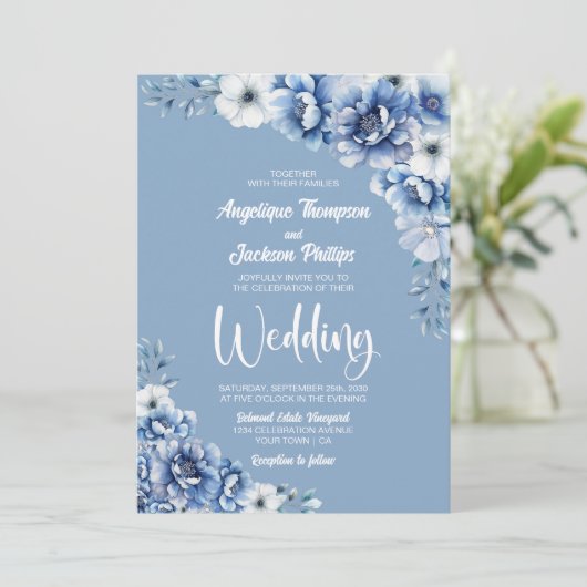 Rustic Blue Floral Wedding Kaart (Staand voorkant)