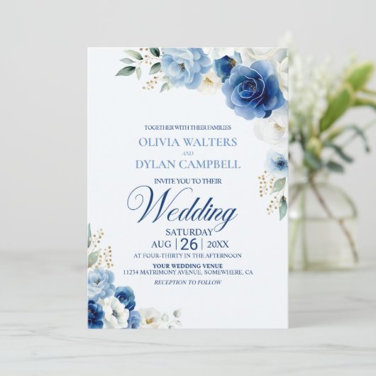 Rustic Blue Floral Wedding Kaart (Staand voorkant)