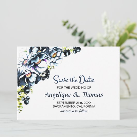 Rustic Blue Floral Wedding Save The Date (Staand voorkant)