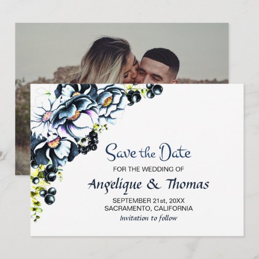 Rustic Blue Floral Wedding Save The Date (Voorkant / Achterkant)