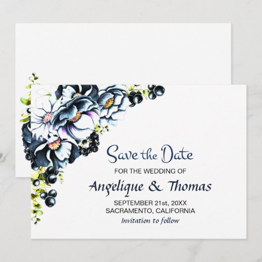 Rustic Blue Floral Wedding Save The Date (Voorkant / Achterkant)