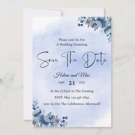 Rustic Blue Floral Wedding Save the Date Kaart (Voorkant)